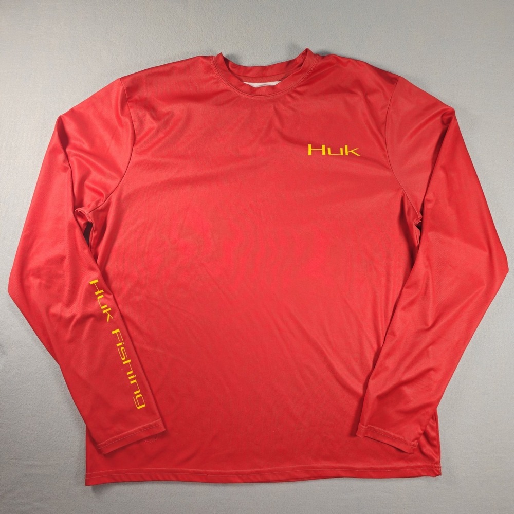 Huk Performance Fishing Shirt Mens Large Red Long Sleeve Graphic Logo Polyester